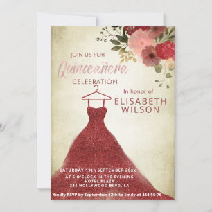 Floral glittery burgundy dress Quinceañera Invita Kaart