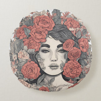 Floral Goddess – Elegant Woman with Roses Rond Kussen