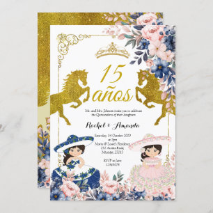 Floral Gold 15 años Twin Quinceañera Invitation
