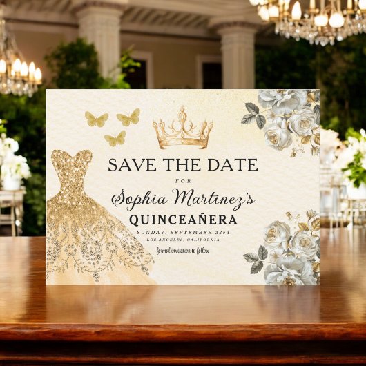 Floral Gold Bewaar de datum Verjaardag Quinceanera Save The Date