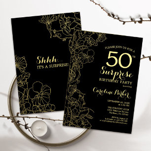 Floral Gold Black Surprise 50th Birthday Party Kaart