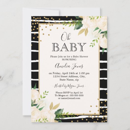 Floral Gold Black White Oh Baby shower Invitation (Devant)