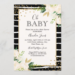Floral Gold Black White Oh Baby shower uitnodiging