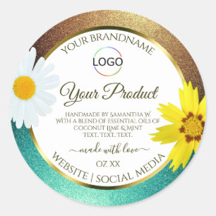Floral Gold Blauwgroen Glitter White Product Label