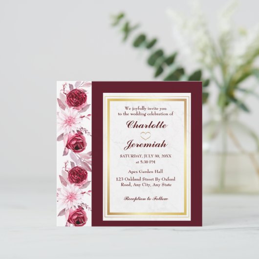 Floral Gold Blush Pink Burgundy Script Weduwschap Kaart (Staand voorkant)