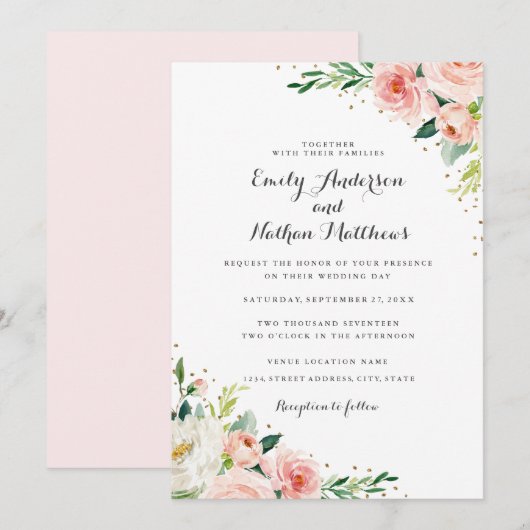 Floral Gold Blush Wedding Kaart (Voorkant / Achterkant)