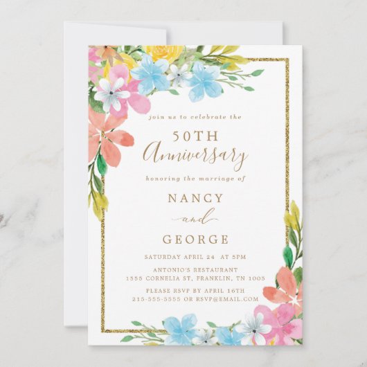 Floral Gold Border 50ste bruiloft Jubileum Kaart (Voorkant)