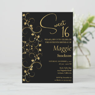 Floral Gold Border Sweet 16 Invitation