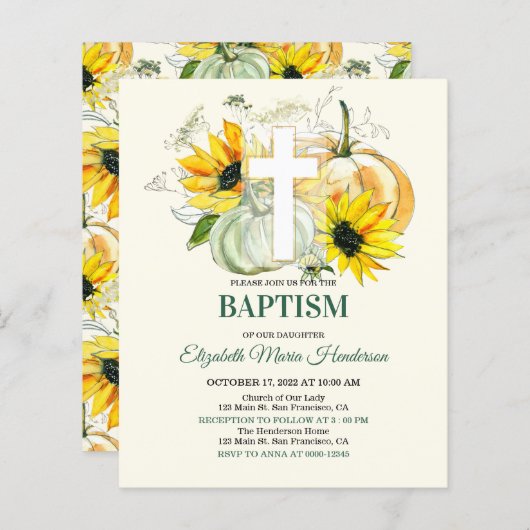 Floral & Gold/BUDGET- Baptism Invitation. (Voorkant / Achterkant)