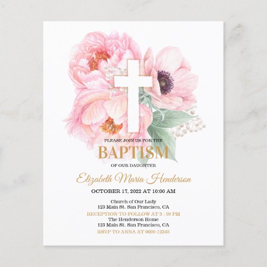 Floral & Gold/BUDGET - Girl Baptism Invitation. Flyer (Voorkant)