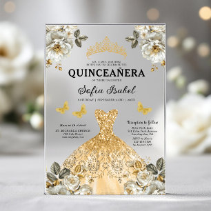 Floral Gold Butterfly Princess Quinceanera Acryl Uitnodigingen