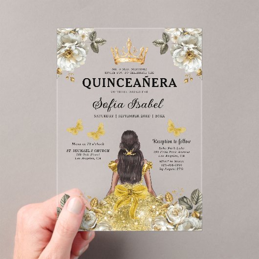 Floral Gold Butterfly Princess Quinceanera Acryl Uitnodigingen (Insitu (Draagbaar))