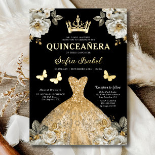 Floral Gold Butterfly Princess Quinceanera Folie Uitnodiging