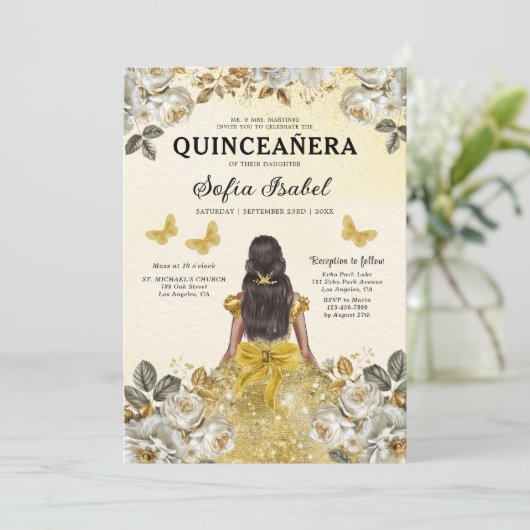 Floral Gold Butterfly Princess Quinceanera Kaart (Staand voorkant)