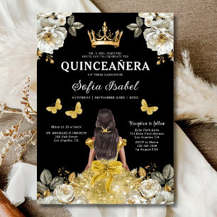Floral Gold Butterfly Princess Quinceanera Kaart