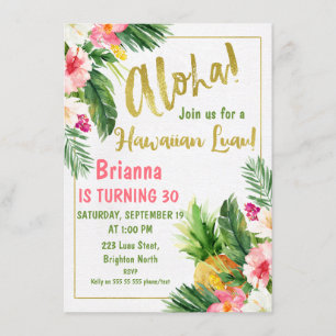 Floral Gold Calligraphy Luau Birthday Invitation Kaart