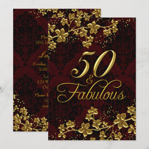 Floral Gold Dark Red 50 Fabulous Birthday Kaart