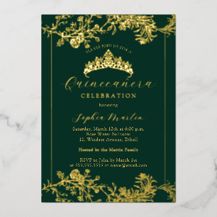 Floral Gold Emerald  Quinceanera Folie Uitnodiging