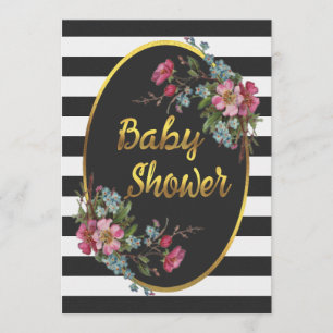 Floral Gold Foil Baby shower Black White Stripes Kaart
