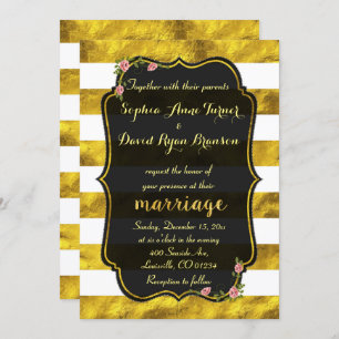 Floral Gold Foil Stripes Black Wedding Invitation Kaart