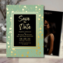 Floral Gold Folie Save the Date Foto Sage Groen