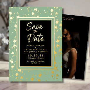 Floral Gold Folie Save the Date Foto Sage Groen Feestdagenkaart
