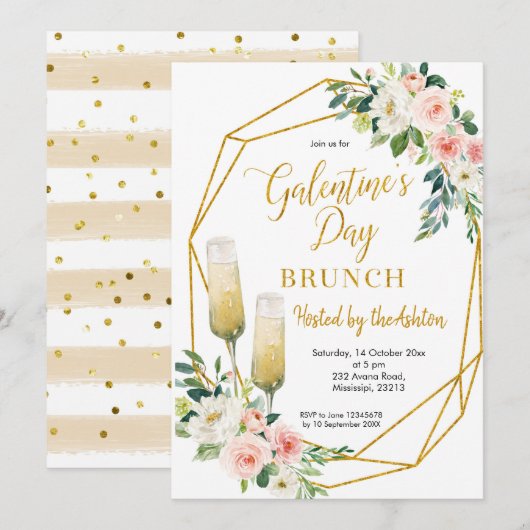Floral Gold Galentine's Day Brunch invitation (Devant / Derrière)