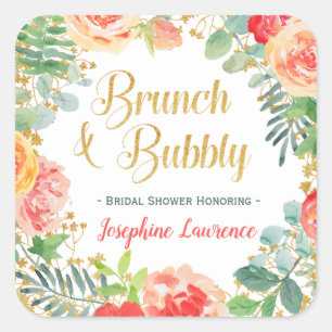Floral & Gold Glitter Brunch Vrijgezellenfeest Vierkante Sticker