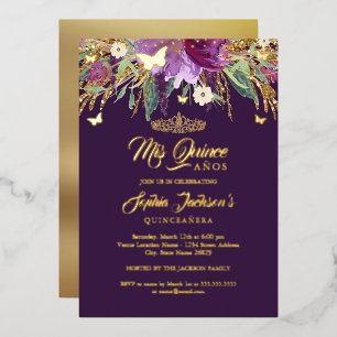 Floral Gold Glitter Sparking Amethyst Quinceanera Folie Uitnodiging