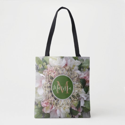 Floral Gold Hexagon Mandala Monogram Canvas tas (Voorkant)
