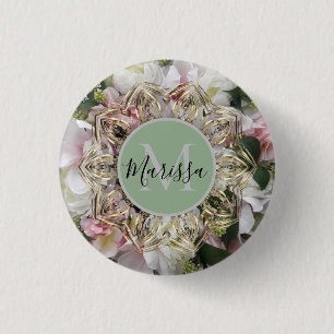 Floral Gold Hexagon Mandala Monogram Ronde Button 3,2 Cm