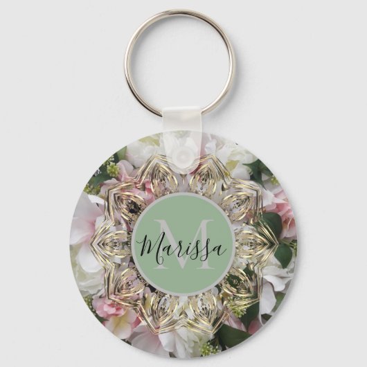 Floral Gold Hexagon Mandala Monogram Sleutelhanger (Voorkant)