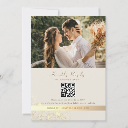 Floral Gold Ivory QR Code Faire-part de mariage (Dos)