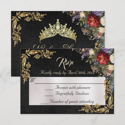 Floral & Gold Leaves - Black RSVP (Devant / Derrière)
