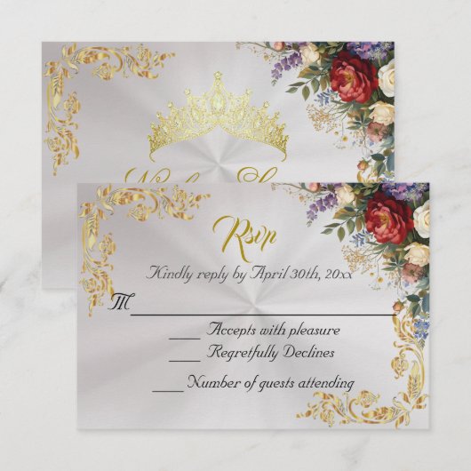 Floral & Gold Leaves - Pearl White RSVP (Devant / Derrière)