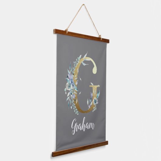 Floral Gold Letter G over grijs Hangend Wandkleed (Gebogen)