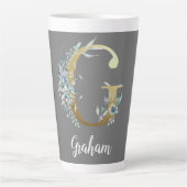 Floral Gold Letter G over grijs Latte Mok (Voorkant)