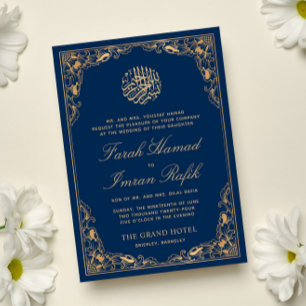 Floral Gold Lijst Blauw Islamitisch Moslim Bruilof Kaart