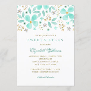 Floral Gold Mint Leaf Sweet 16 Invitation