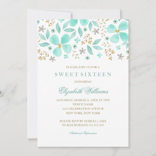 Floral Gold Mint Leaf Sweet 16 Uitnodiging (Voorkant)