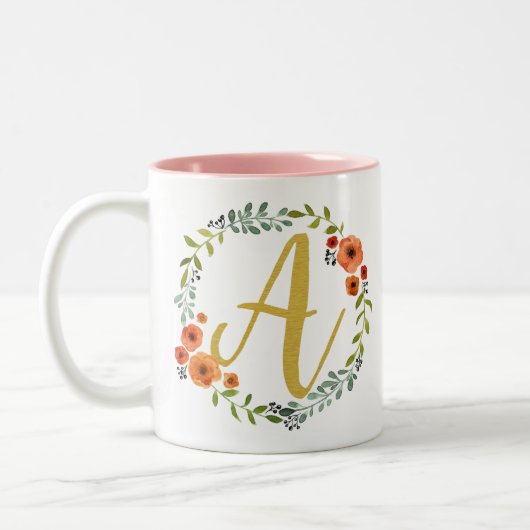 Floral Gold Monogram Initiaal A Tweekleurige Koffiemok (Links)