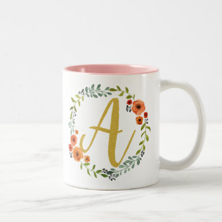 Floral Gold Monogram Initiaal A Tweekleurige Koffiemok