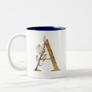 Floral Gold Navy Blue bladeren Monogram gepersonal Tweekleurige Koffiemok