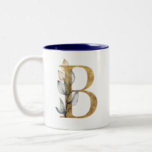 Floral Gold Navy Blue bladeren Monogram gepersonal Tweekleurige Koffiemok