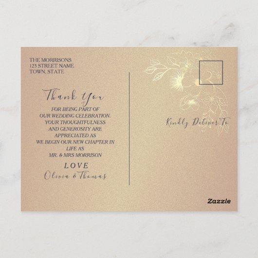 Floral Gold Navy Blue bruiloft dank u Briefkaart (Achterkant)