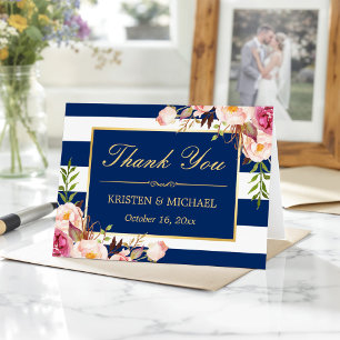 Floral Gold Navy Blue Stripes Mariage Merci