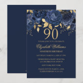Floral Gold Navy Roos 90e verjaardag Kaart (Voorkant / Achterkant)