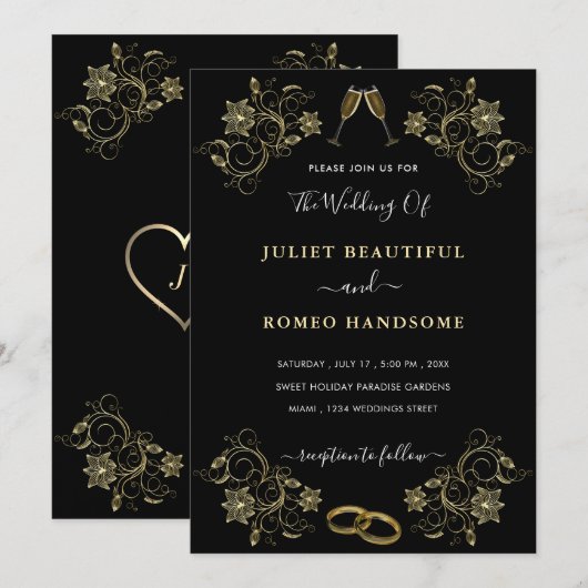 Floral Gold on Black Wedding Invitations Example (Devant / Derrière)
