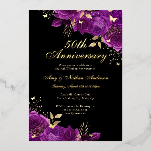 Floral Gold Paarse 50ste bruiloft Jubileum Folie Uitnodiging (Voorkant)