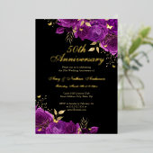 Floral Gold Paarse 50ste bruiloft Jubileum Folie Uitnodiging (Staand Voorkant)